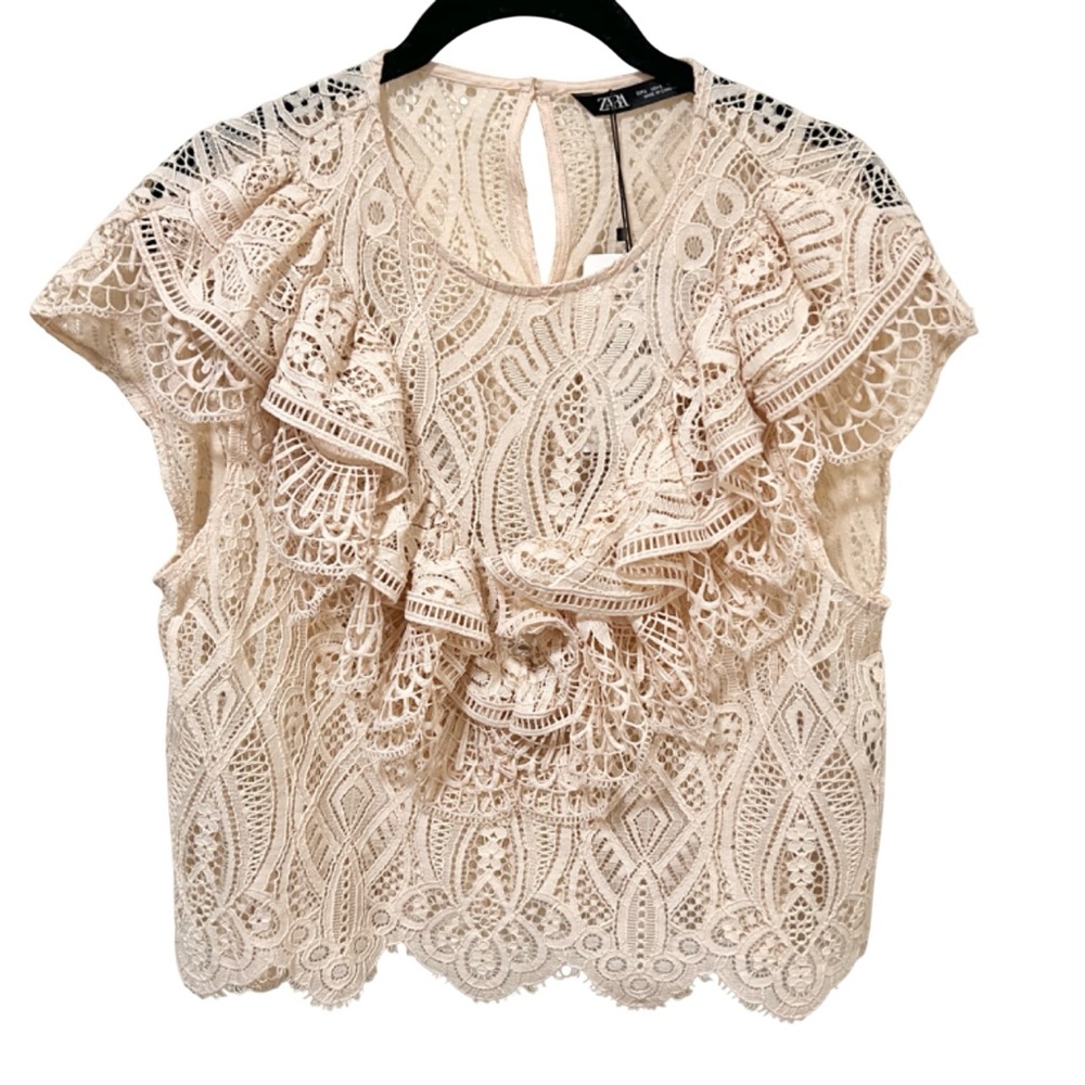 NEW Zara Ruffle Lace Cream Top Large - Picture 2 of 6